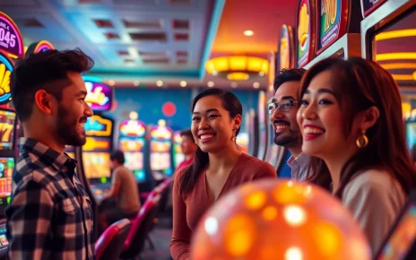 Situs kode4d gaming scene featuring vibrant slot machines and excited players in a modern casino atmosphere