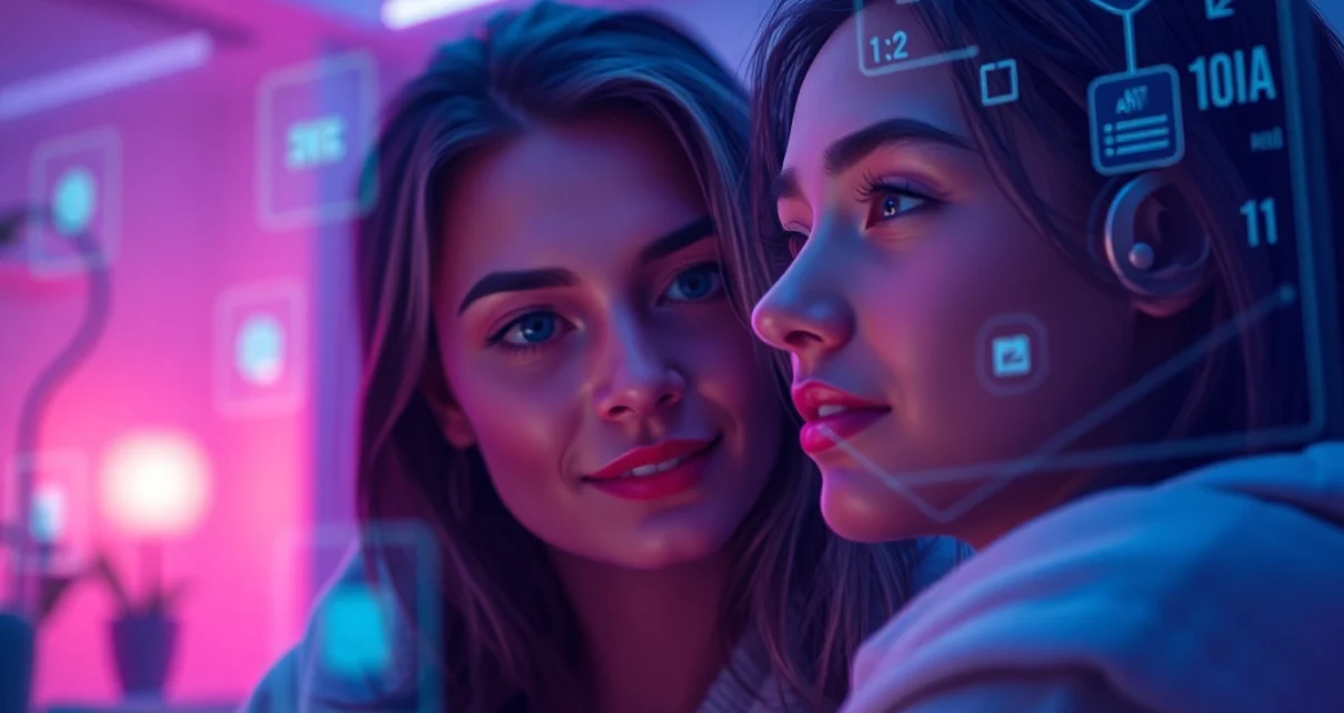 Engaging scene depicting a user interacting in a sex ai chat with a holographic AI companion in a cozy, futuristic setting.