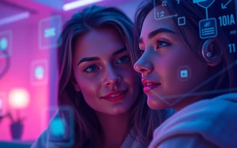 Engaging scene depicting a user interacting in a sex ai chat with a holographic AI companion in a cozy, futuristic setting.