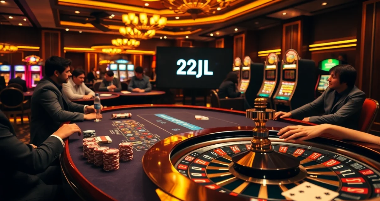 Engaged players at a luxurious casino table showcasing the 22JL logo and vibrant chips.
