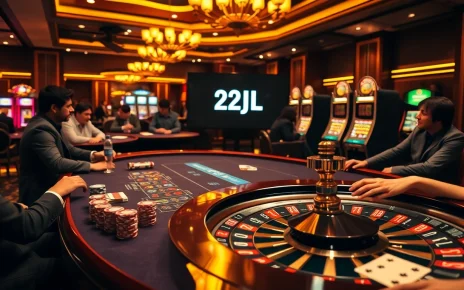 Engaged players at a luxurious casino table showcasing the 22JL logo and vibrant chips.