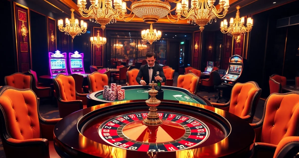 Experience the thrill of high-stakes gambling at https://new88bet.us/ with a luxurious casino scene featuring a roulette table.