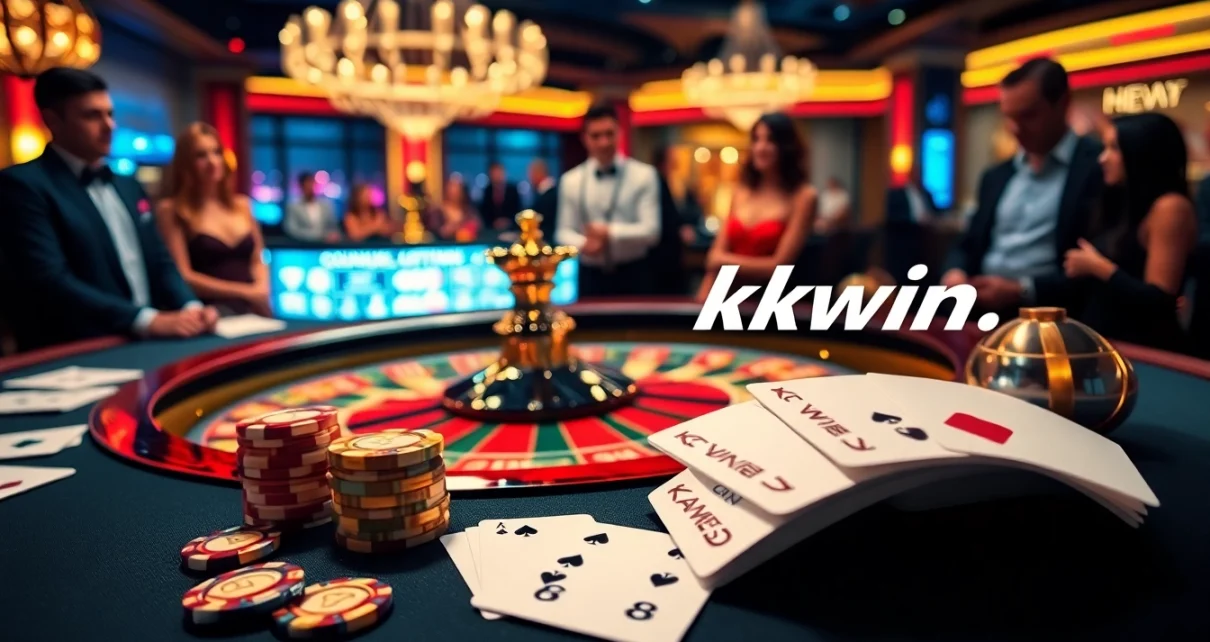Engaging scene showcasing players at a casino table while highlighting https://kkwin.life/ with vibrant gaming elements.