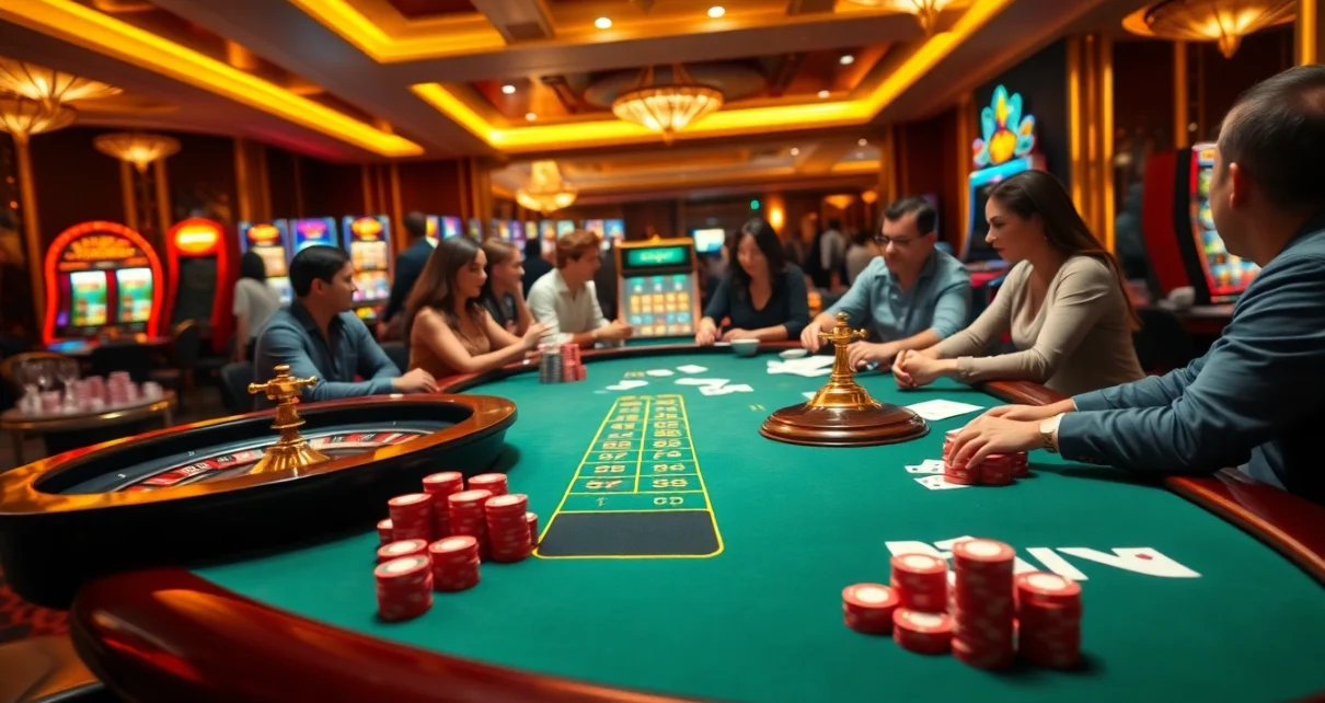 Experience the thrill of online gaming at https://vmaxso.uk/ with a vibrant casino scene featuring poker tables and slot machines.