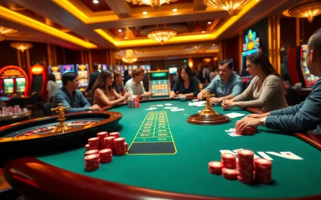 Experience the thrill of online gaming at https://vmaxso.uk/ with a vibrant casino scene featuring poker tables and slot machines.