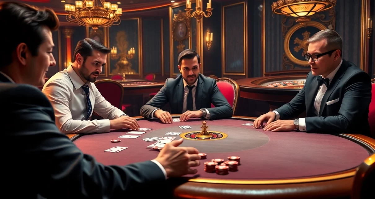 Excited players at a luxurious poker table in a casino setting, reflecting the atmosphere of https://mm88.nl/.
