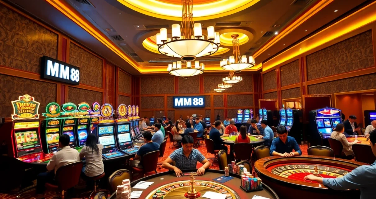 Experience excitement at MM 88 with vibrant slot machines and engaged players in a luxurious casino setting.