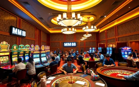Experience excitement at MM 88 with vibrant slot machines and engaged players in a luxurious casino setting.