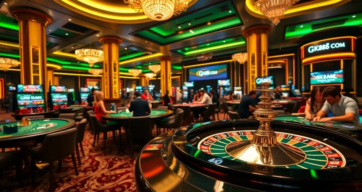 Experience high-stakes excitement at GK88 COM with vibrant casino gaming tables and players.