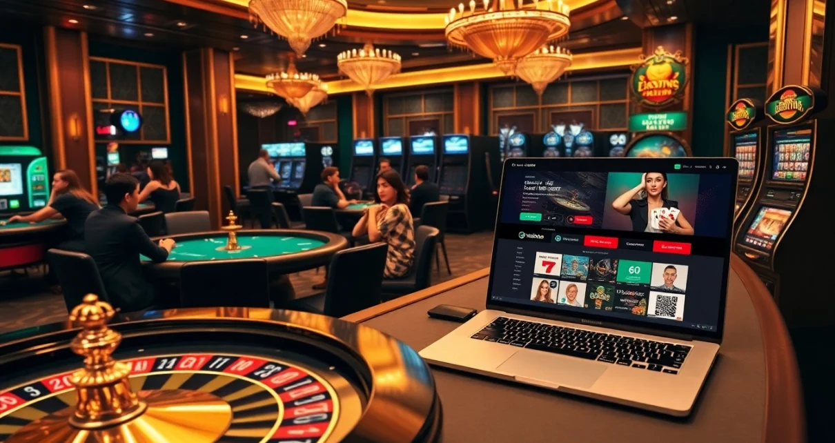 Hello88 gamblers enjoying a luxurious casino experience at roulette and poker tables.