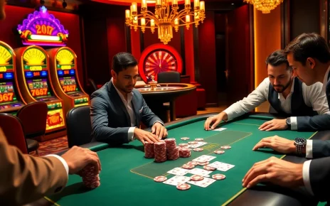 Engage in the excitement of poker at https://120bett.com.br/ featuring vibrant chips and cards in a luxurious casino setting.