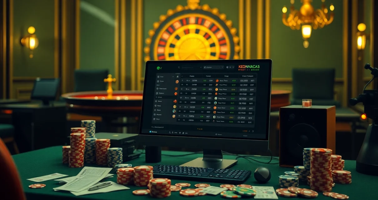 Experience the thrill of keonhacai5 with vibrant sports betting slips and casino elements.