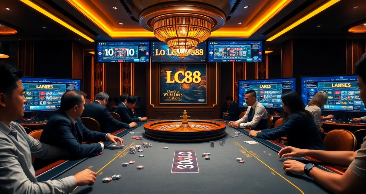 Engaging scene of players winning at lc88 casino games with poker chips and roulette.