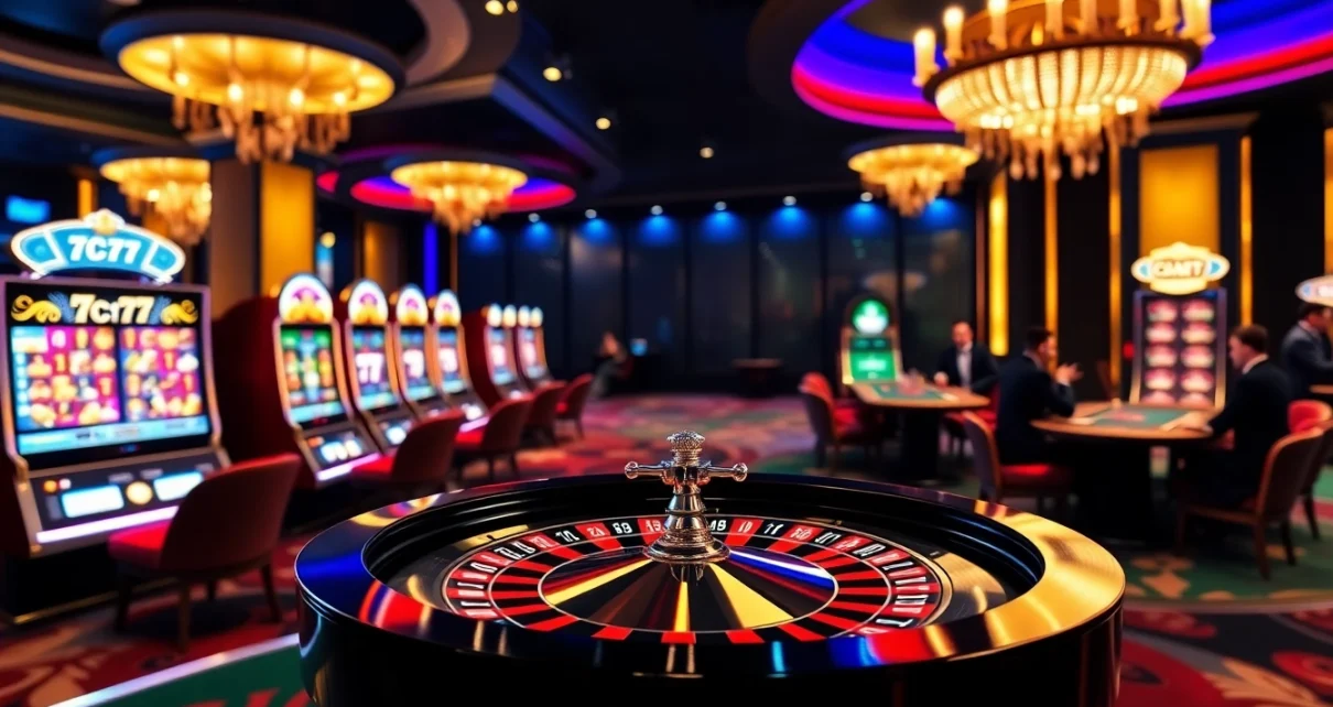 Experience the excitement of 7C77 casino with vibrant slot machines and a spinning roulette wheel.
