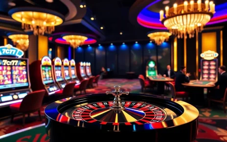 Experience the excitement of 7C77 casino with vibrant slot machines and a spinning roulette wheel.