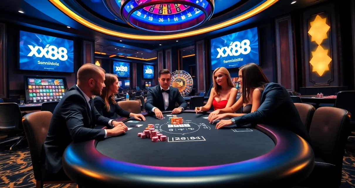 Experience the thrill of xx88 with vibrant casino visuals, featuring poker tables and dynamic gameplay.