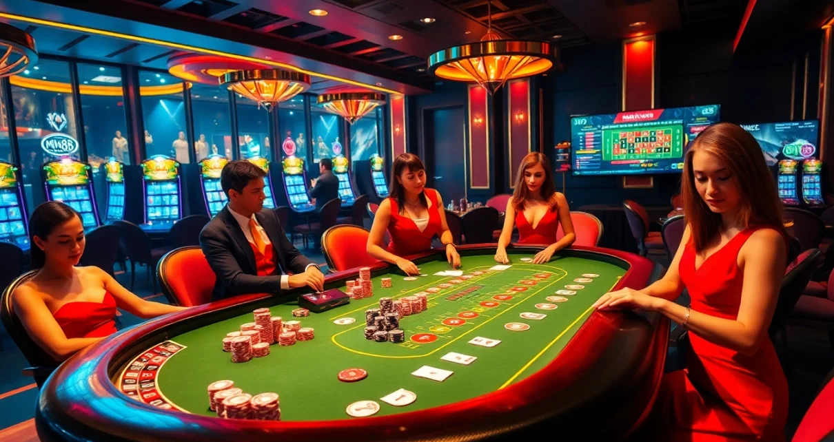 Experience the thrill of MM88 with a luxurious casino atmosphere featuring poker tables and vibrant slot machines.