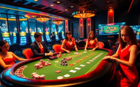 Experience the thrill of MM88 with a luxurious casino atmosphere featuring poker tables and vibrant slot machines.