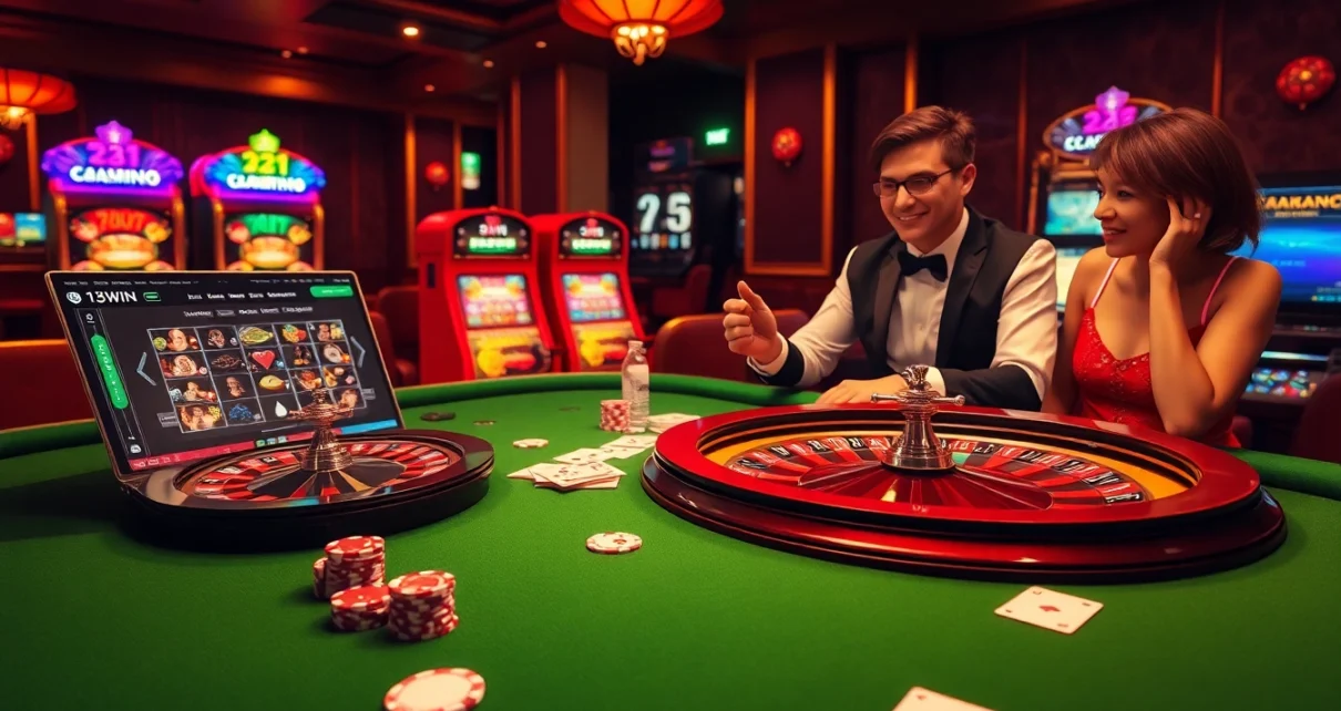 Experience the thrill of gaming with a luxurious 13win casino table showcasing roulette and poker chips.