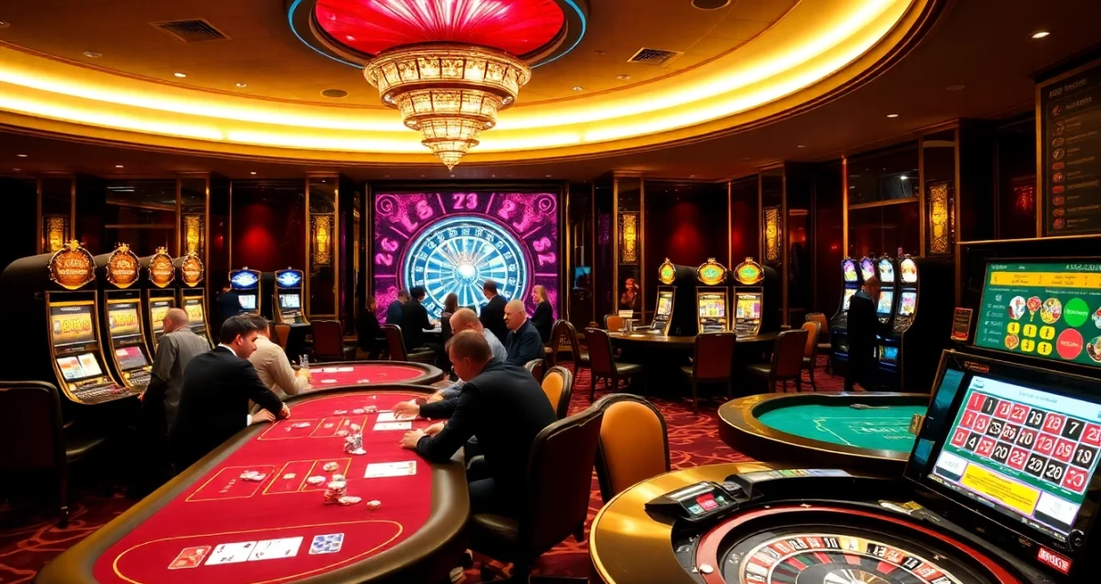 KJC casino gaming area with luxurious poker tables and vibrant slot machines.