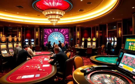 KJC casino gaming area with luxurious poker tables and vibrant slot machines.
