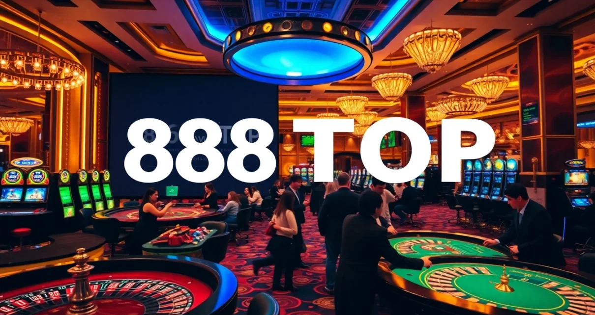 Players enjoying thrilling games at 888TOP casino with vibrant tables and slot machines.
