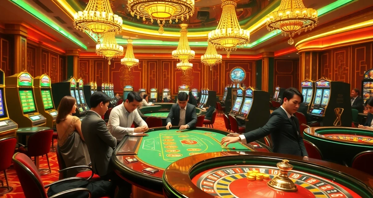 A thrilling casino atmosphere showcasing 링크모음 with poker tables, slot machines, and players strategizing their moves.