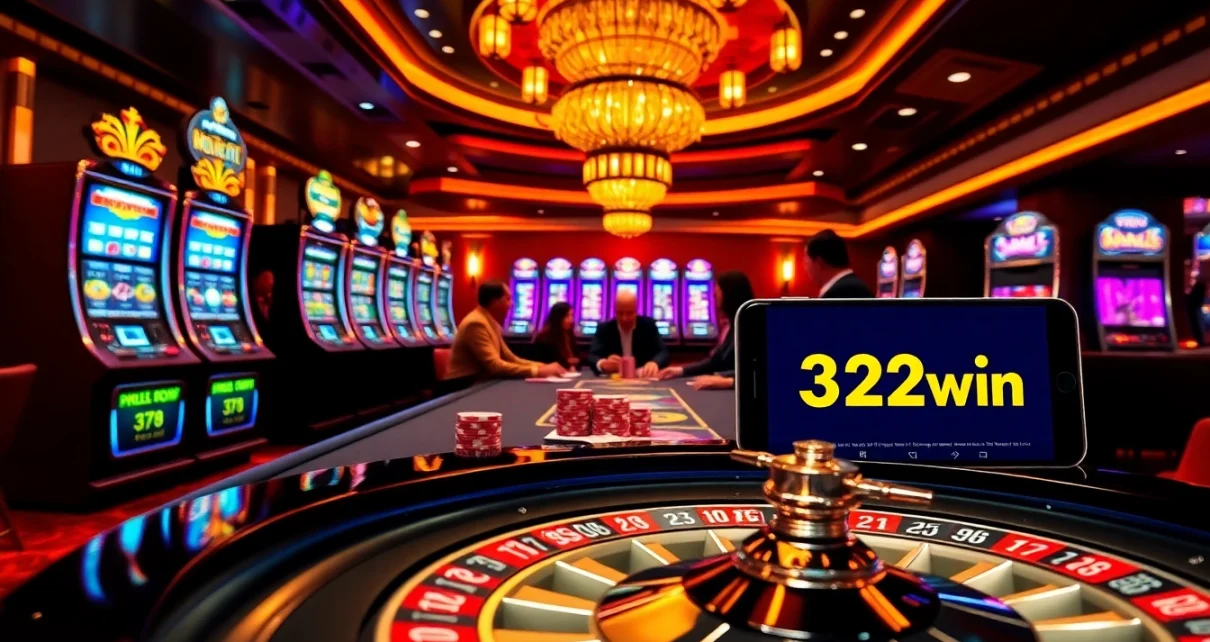 Action-packed poker scene at a 32win casino table with vibrant slots and roulette.