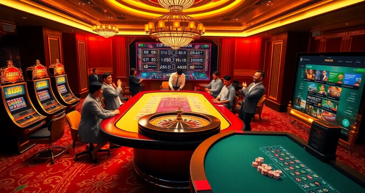 High-stakes gamblers playing at the MM88 casino table with vibrant slot machines excitedly nearby.