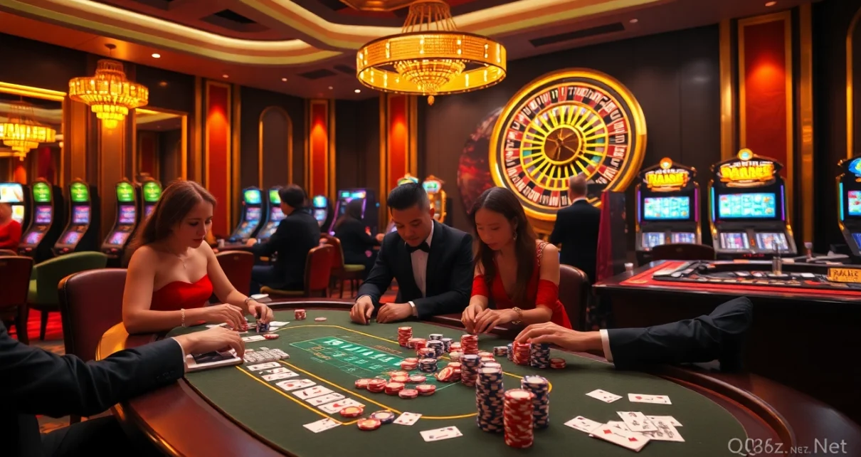 Players strategizing at a poker table in a luxurious casino scene featuring QQ88z Net's gaming excitement.