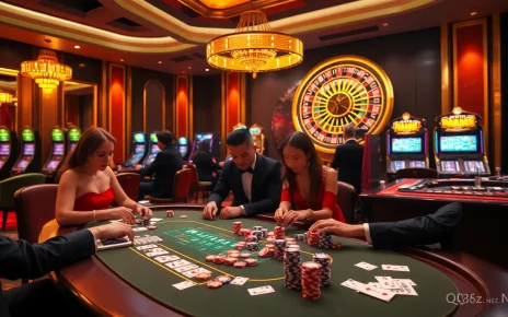 Players strategizing at a poker table in a luxurious casino scene featuring QQ88z Net's gaming excitement.
