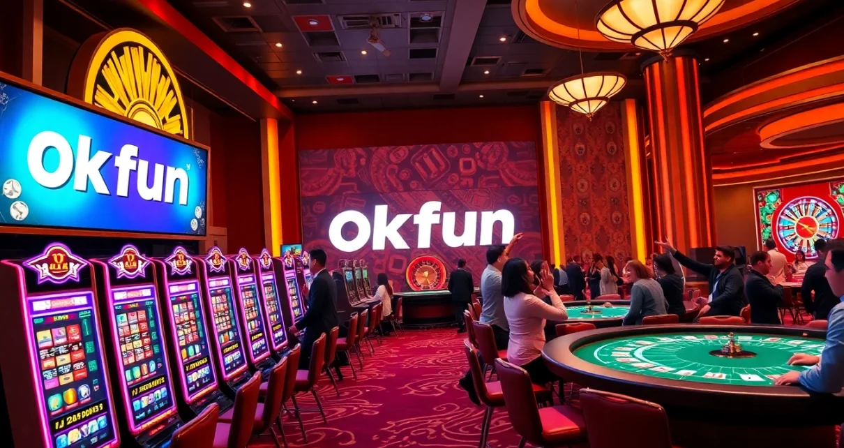 Engaging scene of gamblers playing at Okfun’s vibrant slot machines and gaming tables, showcasing excitement.