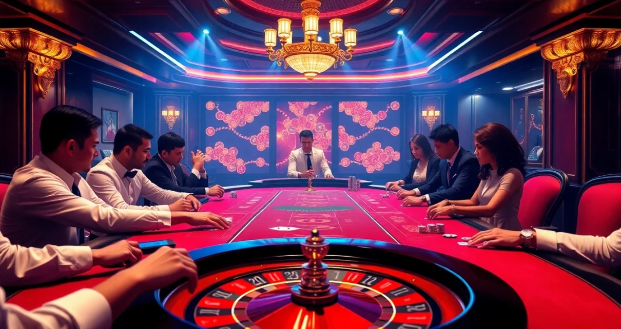 Players enjoying a thrilling poker game at https://thabet77.sa.com/ in a luxurious casino setting.