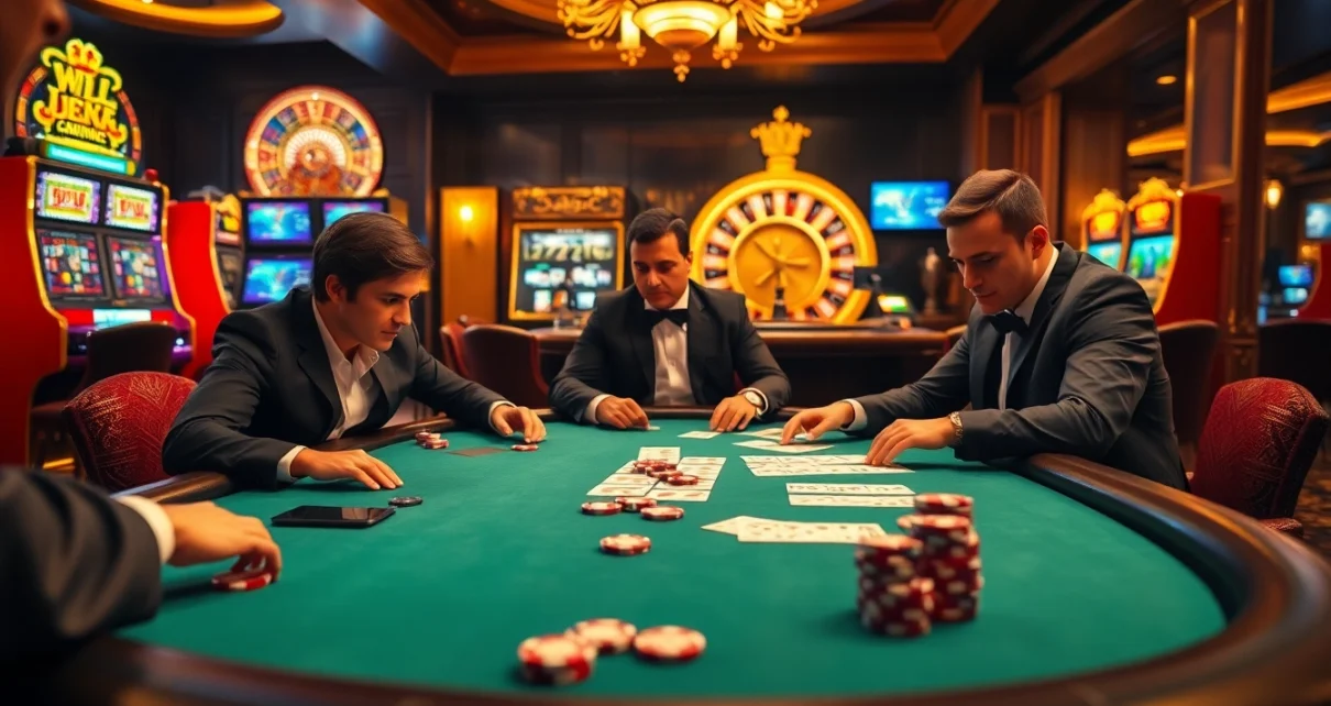 Engaged players at a poker table in a luxurious casino, showcasing https://622bett.com.br/ excitement and strategy.