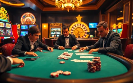 Engaged players at a poker table in a luxurious casino, showcasing https://622bett.com.br/ excitement and strategy.