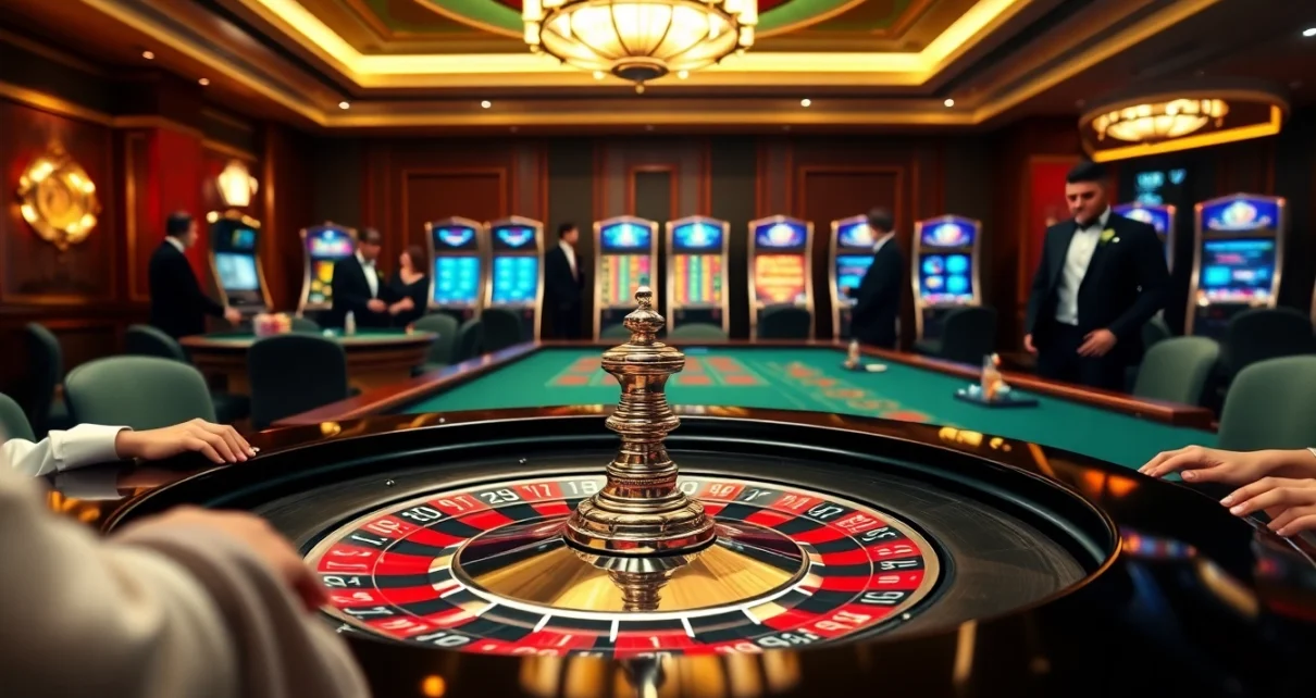 Experience the excitement of jbo.com with players at a luxurious roulette table in a high-stakes casino.