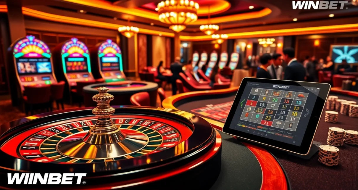 Experience the excitement of WINBET with vibrant casino tables, poker chips, and luxury surroundings.