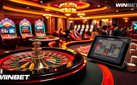 Experience the excitement of WINBET with vibrant casino tables, poker chips, and luxury surroundings.
