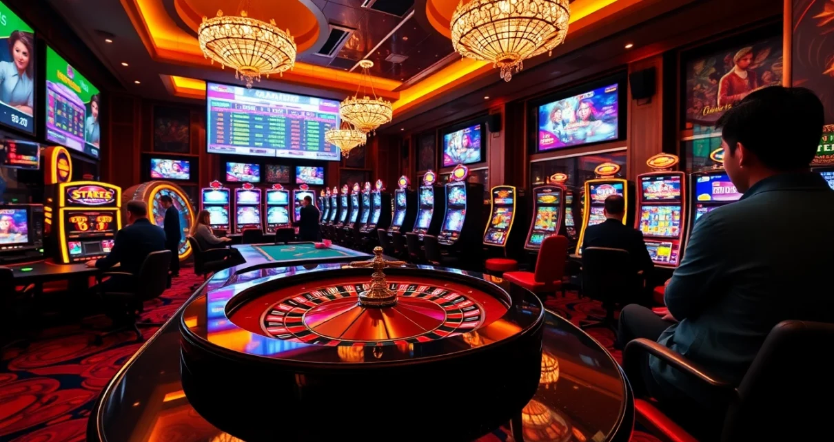 Engage in thrilling action at GG88, featuring luxurious casino tables and vibrant slot machines.