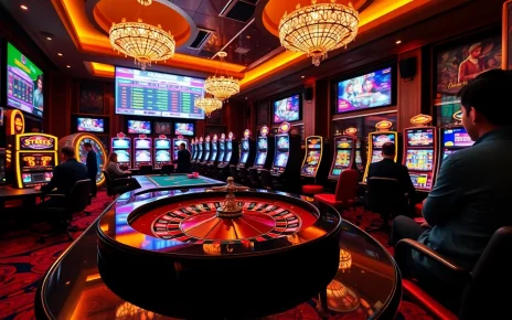 Engage in thrilling action at GG88, featuring luxurious casino tables and vibrant slot machines.