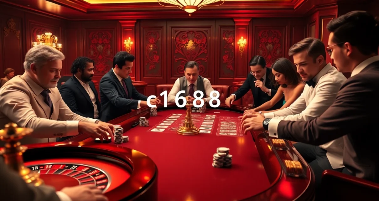 Players enjoying a high-stakes poker game while incorporating c1688 strategies in a luxurious casino setting.