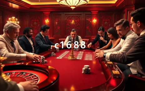 Players enjoying a high-stakes poker game while incorporating c1688 strategies in a luxurious casino setting.