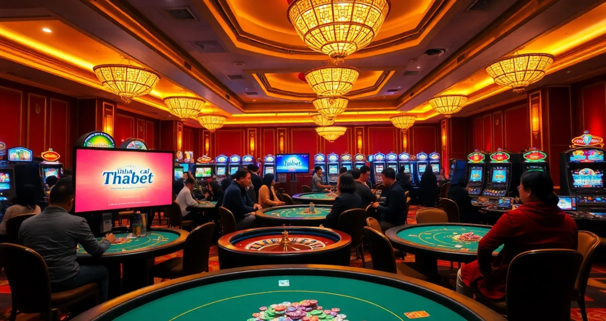 Engaged players at Nhà cái Thabet's casino tables, showcasing excitement and luxury gaming.