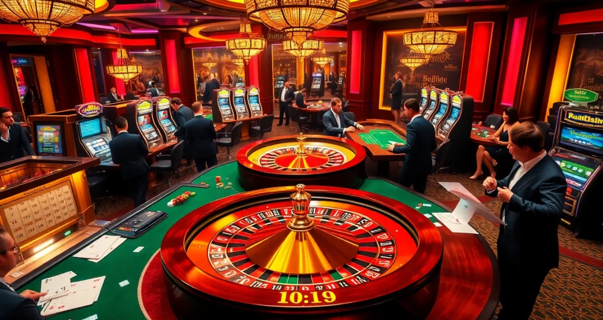 Experience the thrill of betting at https://669bett.com.br/ with a vibrant casino scene showcasing roulette, poker, and slot machines.