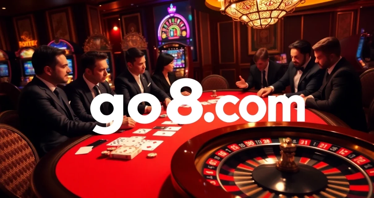 Experience the thrill of go8 com with an elegant casino scene featuring vibrant poker games.