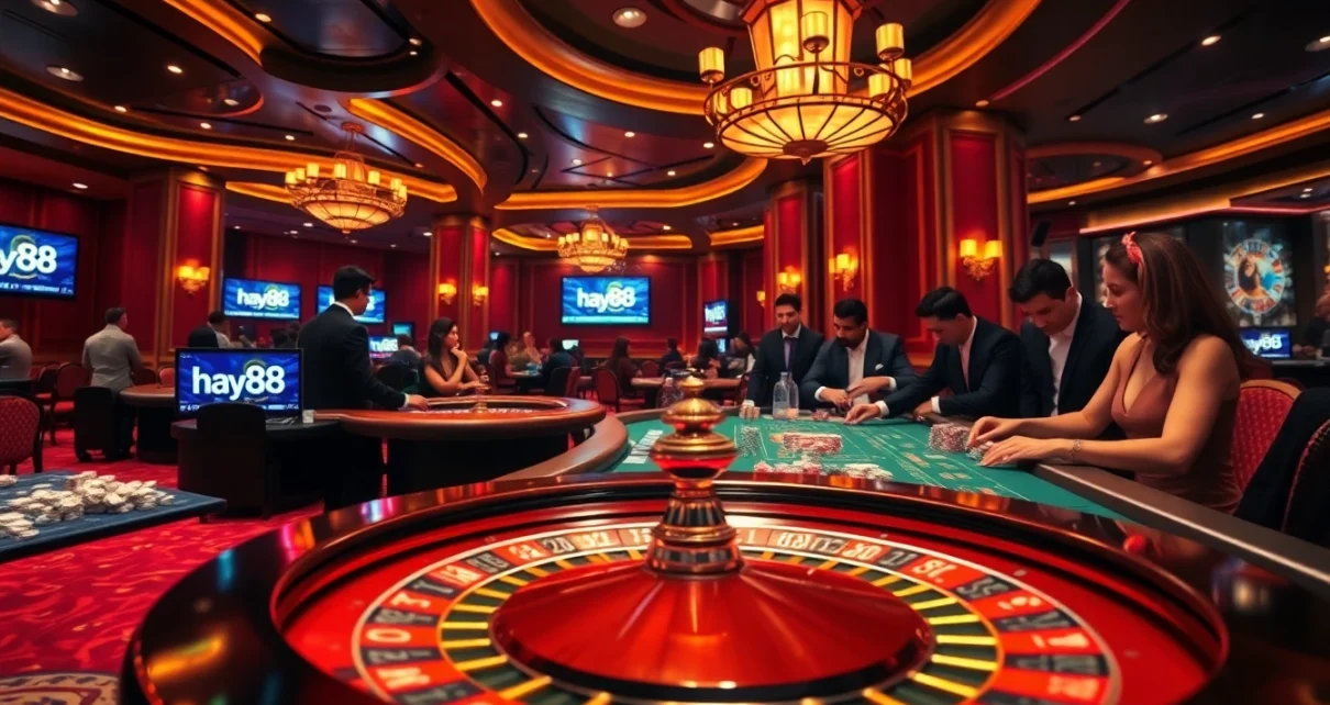 Experience high-stakes gambling at hay88 with vibrant roulette and poker table interactions.