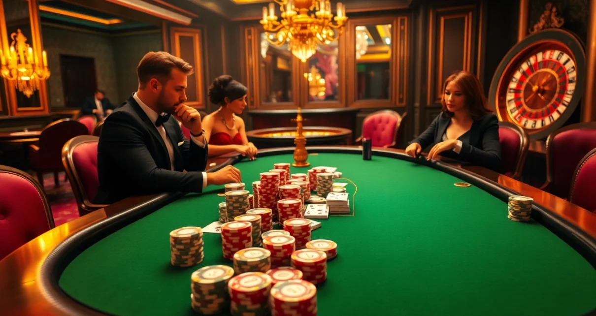 Poker players strategizing with chips and cards at a table inspired by 5Z7779.