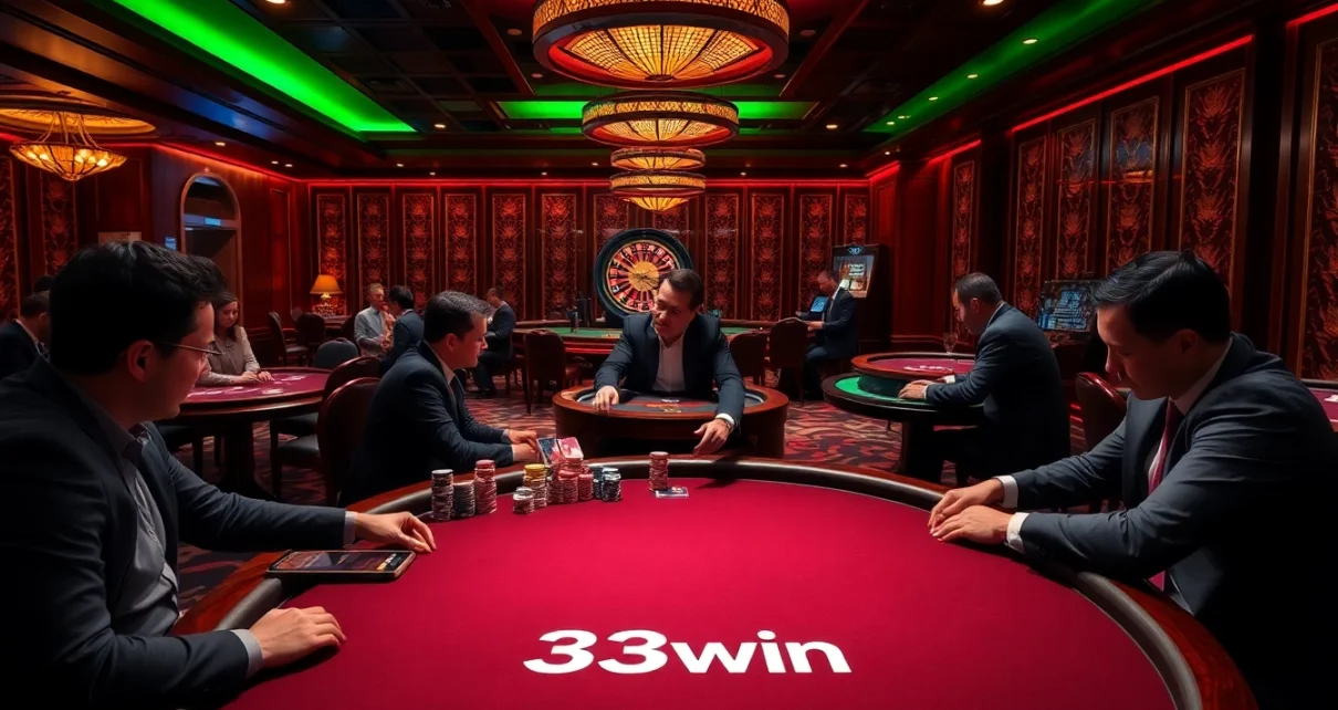 Experience the excitement of 33win at a vibrant poker table surrounded by engaging casino elements.