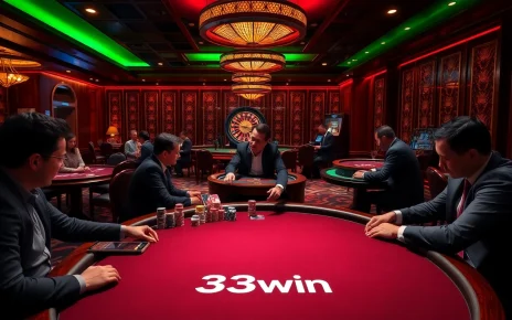 Experience the excitement of 33win at a vibrant poker table surrounded by engaging casino elements.