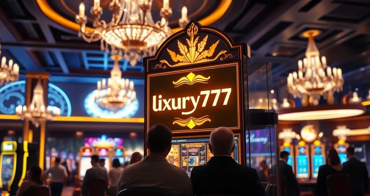 Permainan luxury777 game dengan mesin slot mewah yang dikelilingi pemain antusias.